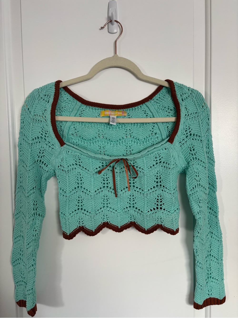 Urban Outfitters Mint Green Crochet Top with Brown Trim